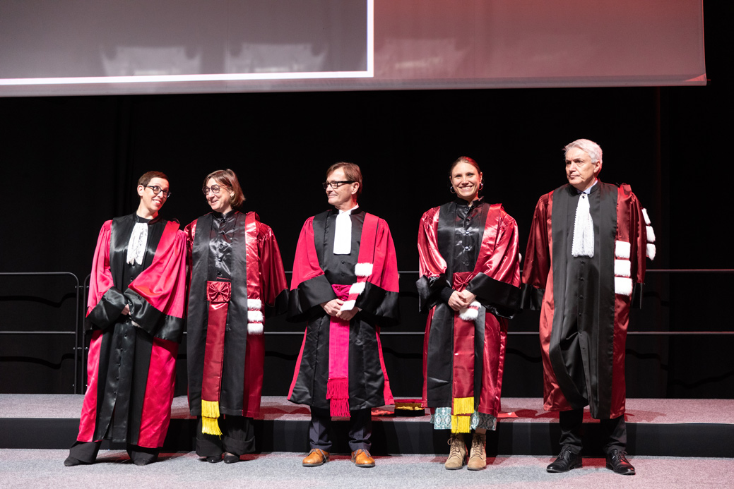 Odile Rauzy, présidente de l'UT ; Christine Barrot Lattes, directrice de l'IUT Toulouse Auch Castres ; Jean-Paul Doutreloux, doyen de la F2SMH ; Gaëlle Giesen, marraine de cérémonie ; Éric Clottes, Doyen de la FSI 