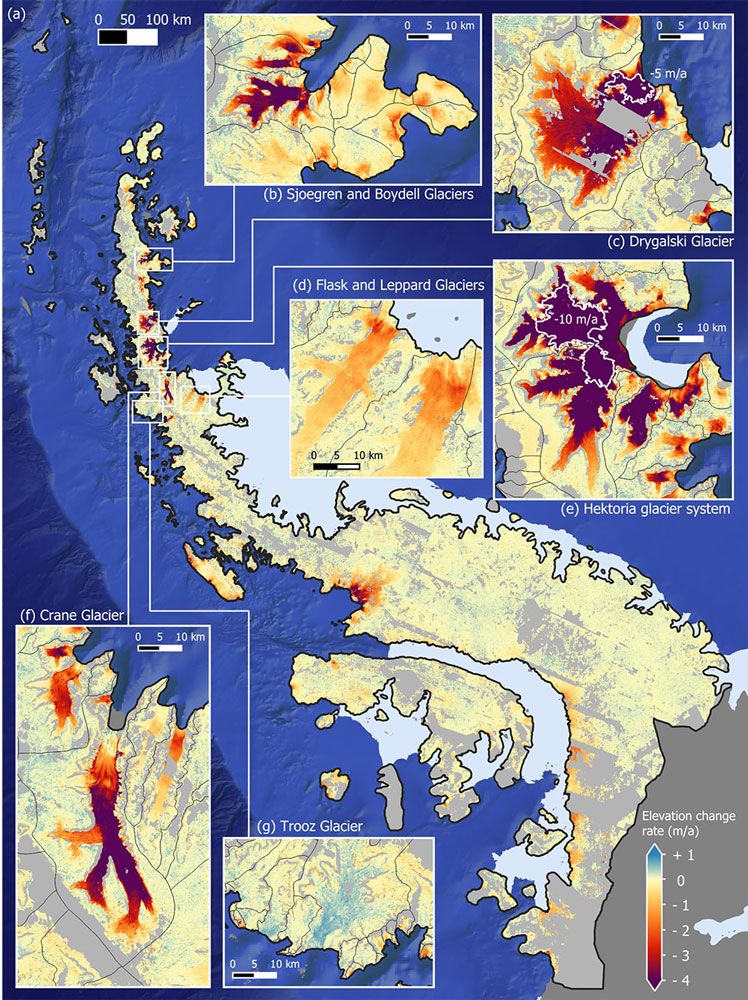 Carte des différences d’élévations entre 2007 et 2021 obtenues en comparant SPOT5-HRS et REMA. Creative Commons Attribution 4.0 License