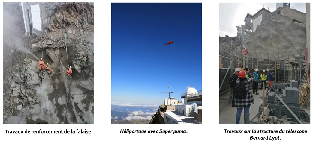 Travaux de renforcement de la falaise, héliportage avec Super puma et travaux sur la structure du télescope Bernard Lyot