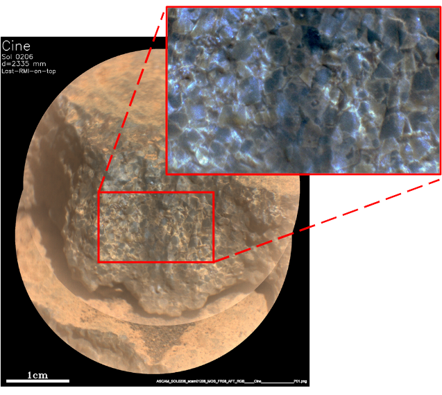 Image RMI de la roche Cine par l’instrument SuperCam montrant la texture de cumulat grenu riche en olivine. L’olivine est le premier minéral à cristalliser lors des processus magmatiques dont il est un excellent traceur. © NASA/JPL-Caltech/LANL/CNES/CNRS/