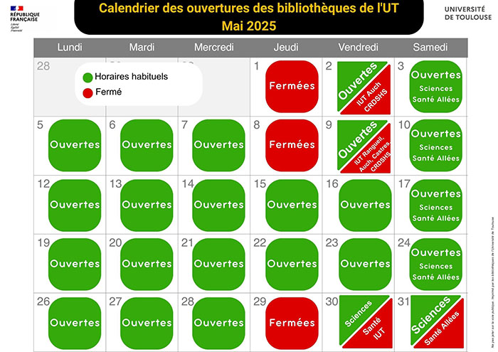 Calendrier des ouvertures du mois de mai 2025 pour les bibliothèques de l'Université de Toulouse